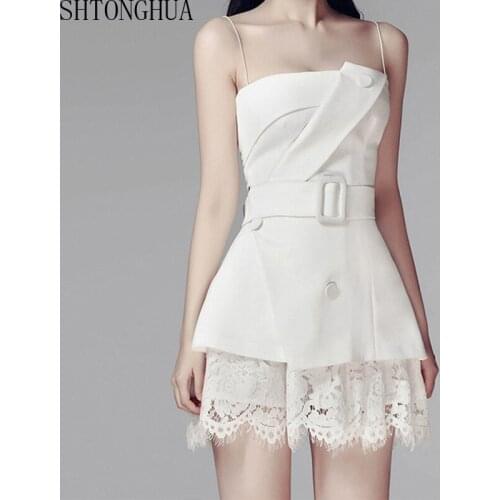 2020 Summer Sexy Slash neck Off Shoulder Sling Slim Fit Blazer Top + Lace Short Skirt Fashion Womens White Two-pieces Sets