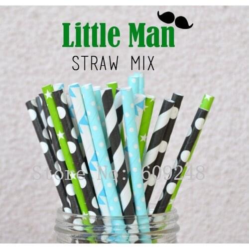 125pcs Mixed Colors Little Man Party Drinking Paper Straws,Black Striped,Dot,Light Blue Swiss Dot,Blue Bunting Flag,Lime Star