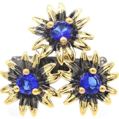 27x26mm Unique Neo-Gothic 10.4g Deep Blue Sapphire London Blue Topaz Women Black Gold 925 Sterling Silver Rings