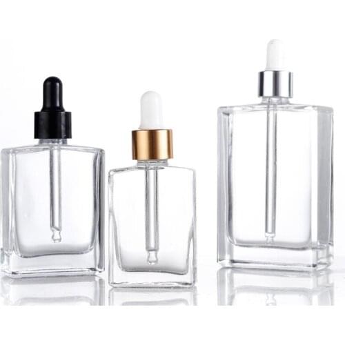 50ml square shape clear glass bottle aluminum dropper lid for E-liquid essential oil serum water skin packing