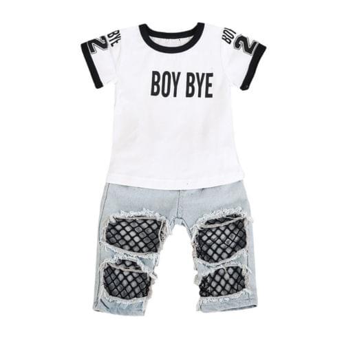 Children Girl Suit!! Newborn Kids Baby Girls Casual T-shirt Tops +Mesh Hole Denim Pants Jeans 2PCS Outfits Clothes Size 1-4T