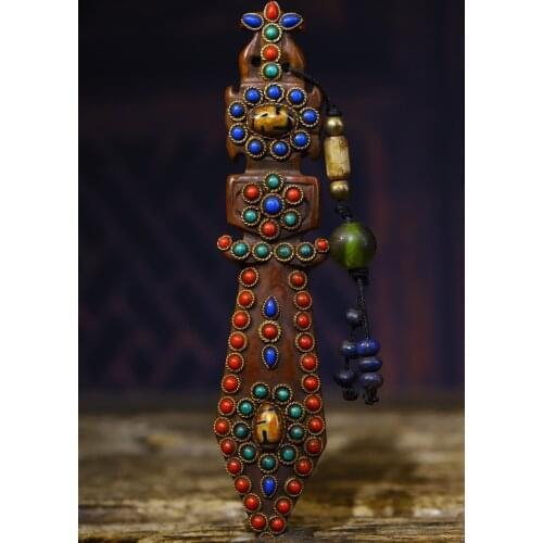 Home Decor 6" Tibet Buddhism Natural meteorite Filigree mosaic Gem Dzi Bead Pendant Sword Dharma Exorcism Ward off evil spirits