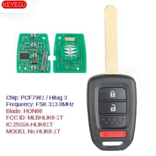 KEYECU Remote Key Fob 3 Button 313.8mhz ID47 for 2013-2016 Honda Accord Civic - MLBHLIK6-1TA