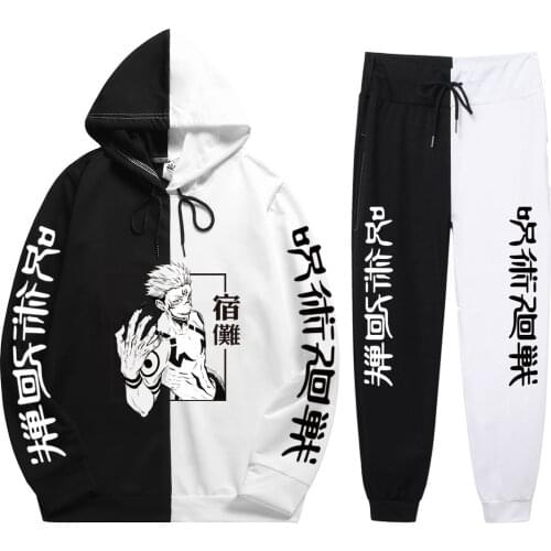 Summer Mens 2 Pieces Sets Anime Jujutsu Kaisen Print Patchwork Thin Hoodie+Patchwork Pants Casual Sweatshirt New Hot