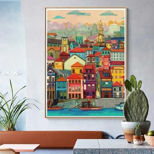 Colorful House By The Water Vintage Poster City Landscape Nordic Art Canvas Print Painting Wall Picture Modern Home Decoration