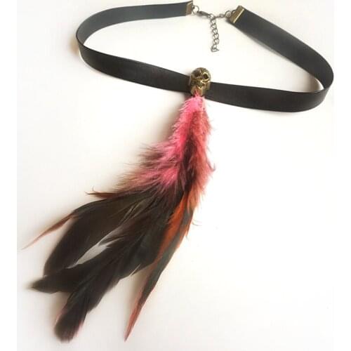 Halloween Feather Choker Dainty Unique Dizzy Handmade Retro Skull PU Leather Trendy Festival for Adult Children Party Necklace
