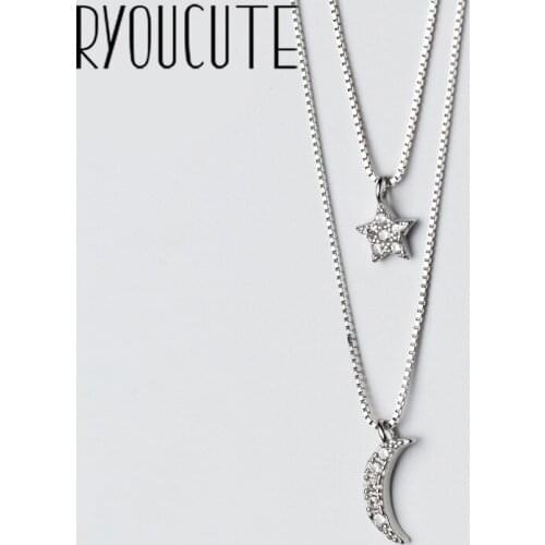 RYOUCUTE 100% Real Pure Silver Color Jewelry Boho Long Chain Layered Moon Star Necklaces For Women Gifts Kolye Collar
