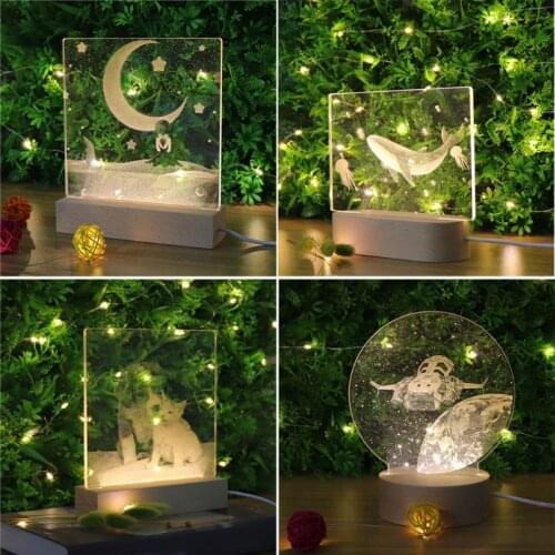 Handmade Carving Wood LED Display Base Warm Night Lighted Base Crystal Glass Art