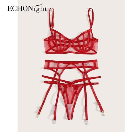 Echonight Transparent Exotic Costumes Womens Underwear Lingerie Sexy Underwire Push up Bra 3 Piece Set Underwear Women Set