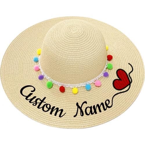 Custom Embroidery Name Text Logo Women Sun Hats Large Brim Straw Hat Outdoor Beach hat Mixed Color Pompon Bridal Party Dropshipp