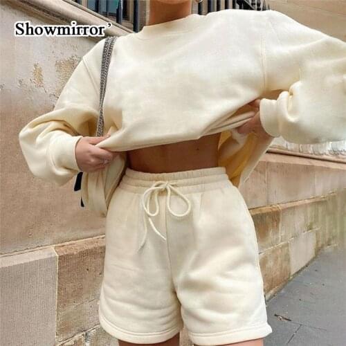 Showmirror Casual Fashion 2 Pieces Set Sweatshirt and Shorts Sets for Women Solid Loungewear Athleisure Outfits Autumn Clothing