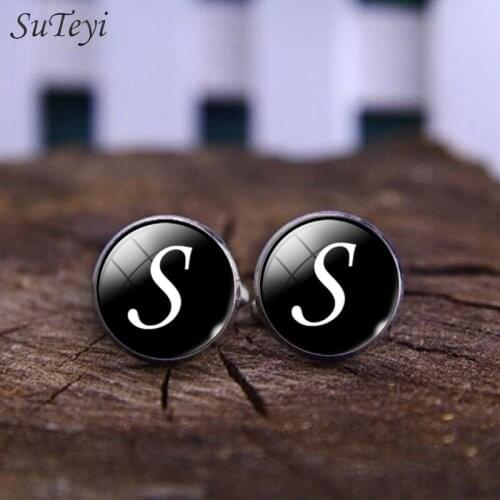SUTEYI Newest Mens Cufflinks Simple Alphabet Single Letter Glass Cabochon Wedding Shirt Cufflink Handmade Cuff Links Jewelry