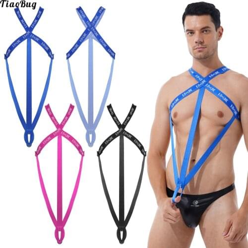 TiaoBug Men Hollow Out Elastic One-Piece Swimming Bodysuit Fashion Letter Print Leotard Nightclub Stage Performance Costume