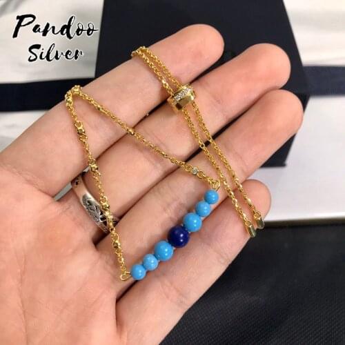 High Quality S925 Sterling Silver Jewelry 1:1 Copy,Yellow Silver Dainty Chain Blue Stone Adjustable Necklace For Women GiFT