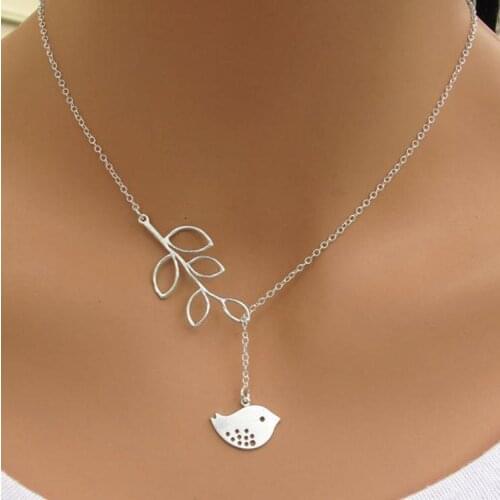 Fashion Female Silver Color Leaf and Bird Pendant Link Chain Necklace Jewelry For Woman Party Gift Wholesale