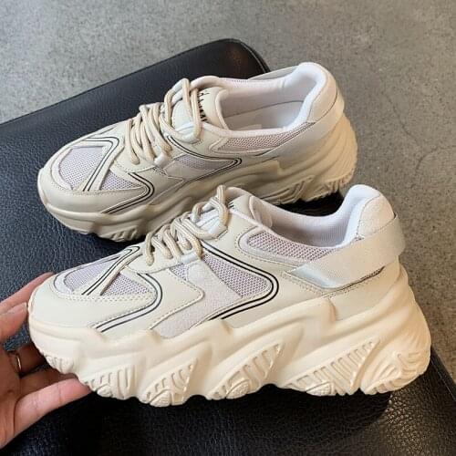 Thick Sole Genuine Leather Womens Mesh Breathable Platform Sneakers 2021 Fashion Women Chunky Shoes Ladies Trainers Footwear