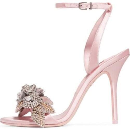 Lovely Pink bling bling crystal party wedding shoes women ankle strap high heels gladiator sandals sexy open toe stiletto pumps