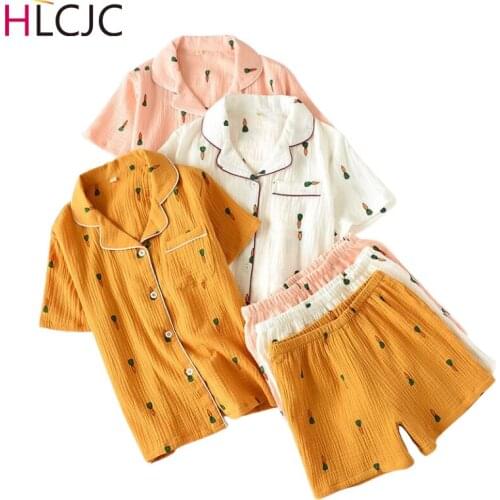 Women Pajamas Set Summer Comfort Breathable Gauze Cotton Sleepwear Set Ladies Thin Loose Cute Cartoon Carrot Printed Homewear