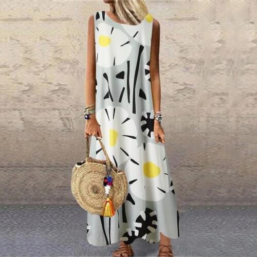 Women Maxi Dresses For Women Summer 2021 Long Sundress Fashion Loose Long Dress Sleeveless O-Neck Printed Retro Dress Vestidos