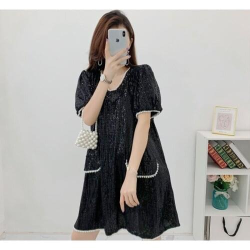 2021 Summer 2 Colors V-neck Heavy Industry Sequined Loose Short Sleeves Beading Black Beige Plus Size Dress Women 8670