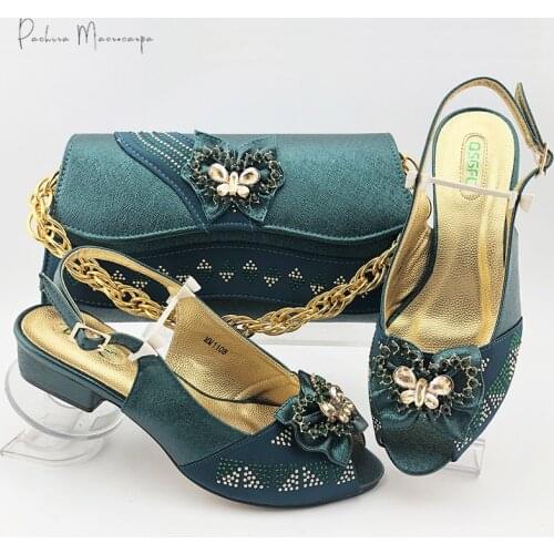 2021 Lastest Italian Design D.Green Color Nigerian Fashion Butterfly-Kont Crystal Style Party Wedding Women Shoes and Bag Set