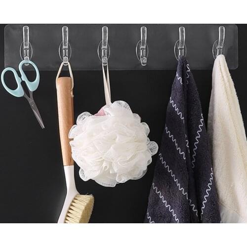 3/5/6 Row Transparent Wall Hook Strong Self Adhesive Door Wall Hangers Hook Hanging Suction Heavy Load Rack for Kitchen Bathroom