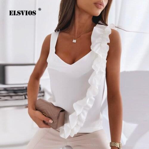 Summer 2021 Blouse Shirt Women Off Shoulder Sleeveless V-neck Top Lady New Fashion Elegant Chiffon Solid Ruffle Slim Blouses 2XL