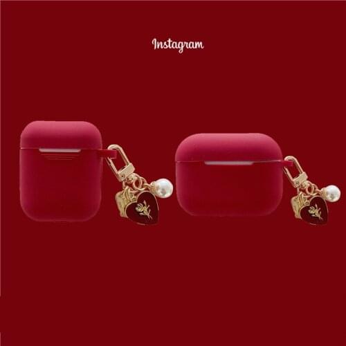 Vintage Roses Pearl Keychain Wine Red Silicone Earphone Case For Apple Airpods 1 2 Pro 3 Bluetooth Headset Cover Sweet Cute
