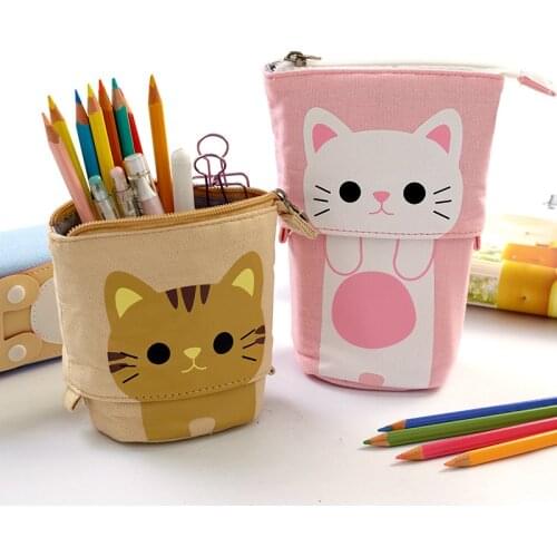 Cute Cat School Pencil Case for Girls Boy Pencilcase Canvas Cartridge Pen Bag Kawaii Telescopic Pen Pouch Box Korean Penal Kit