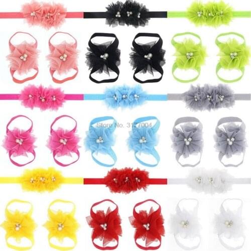 DHL 200set 3PCS/set Baby Girls Flower Barefoot Sandals Hair Foot Accessories Elastic Fashion Headwear Foot Decoration Gift