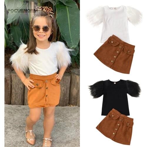 FOCUSNORM 2-8Y Fashion Infant Girls Clothes Sets Fur Short Sleeve Solid T Shirts Tops Button A-Line Skirts