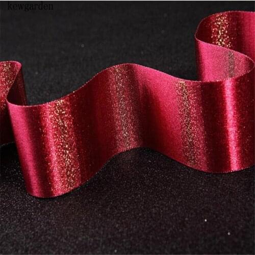 Kewgarden Handmade Tape 38mm 1-1/2" Gold Stripe Satin Ribbons DIY Hair Bow Packing Oil Ribbon step-by-step change 10 Yards