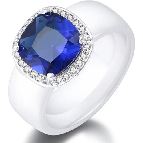 925 Sterling Silver Ceramic Fashion Ring Blue Zircon 8MM Jewelry For Women Temperament Accessories Wedding Christmas Gifts