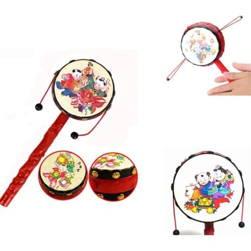 Red Chinese Traditional Spin Toy Rattle Drum Kids Cartoon Hand Bell Plastic For Baby