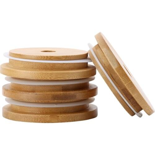 NEW 4Pcs 70mm/86mm Inner Diameter Reusable Bamboo Caps Lids with Straw Hole Silicone Seal for Mason Jars Canning Drinking Jars