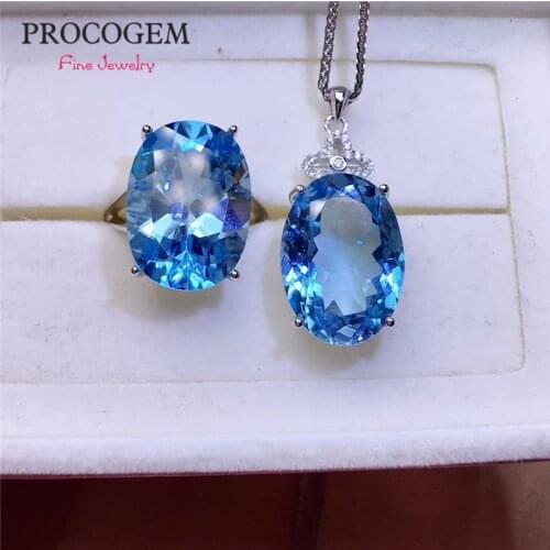 Trendy Natural Blue Topaz Jewelry sets for Women Party Anniversary Necklace Ring 13x18mm Big Real gems 925 Sterling Silver #617