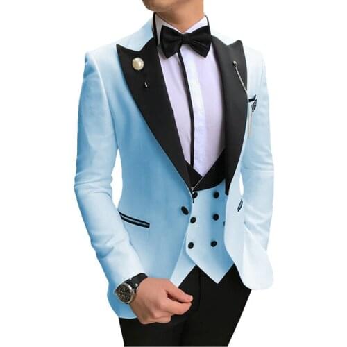 Mens Suits 3 Piece Blue Blazer Dress Casual Peaked Black Collar Tuxedos Groomsmen Men Suits for Wedding(Blazer+Vest+Pants)