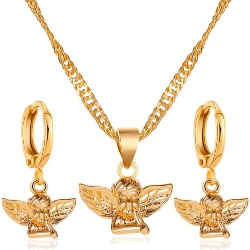 2pcs/set Vintage Cupid Angel Pendant Necklace Gold Color Gothic goth Retro Women Neck Chain Fashion collar Necklace earring Set