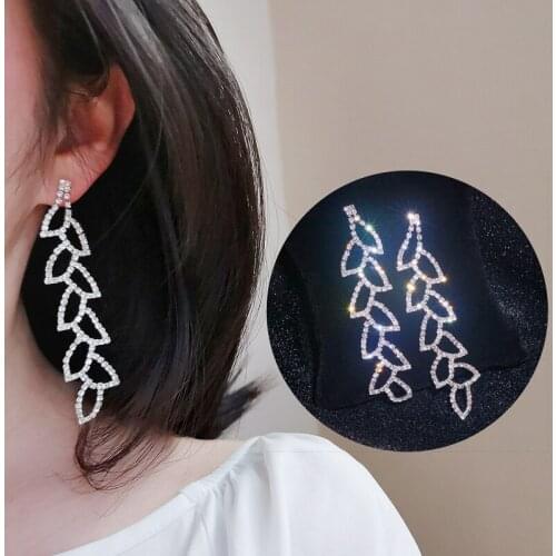 Luxury Shiny Full Rhinestone Long Earrings for Women Crystal Leaves Drop Dangle Earrings Weddings Bride Jewelry Accessories