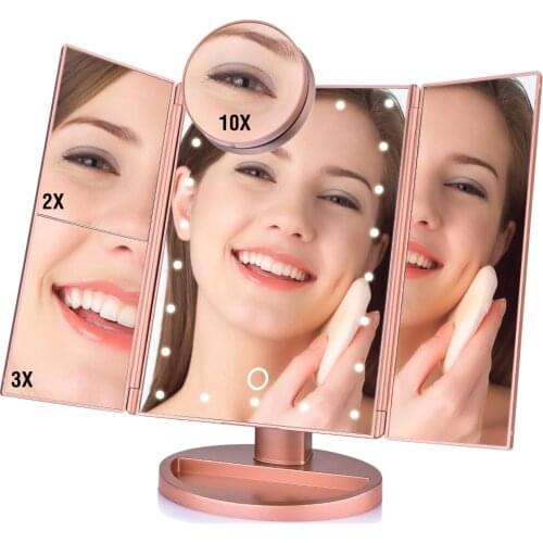 Foldable Vanity Makeup Mirror with 22 LED Light 10X 3X 2X 1X Magnifying Trifold Table Mirror Touch Screen 180 Degree Rotation