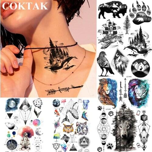 COKTAK Whale Turtle Paw Mountain Temporary Tattoos Bison Bull Sticker Bird Forest Moon Star Tattoo Art DIY Sexy Tatoos Women