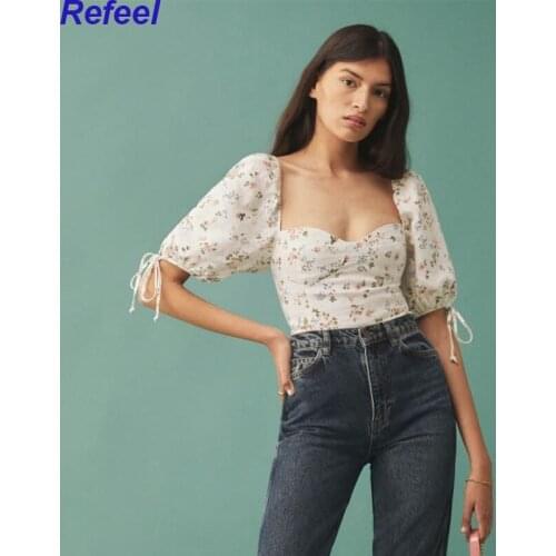 2021 summer Women Elegant floral Back Elastic Cropped shirt Mujer puff sleeve top Printed Blusas Lady Tube Top tops Femme