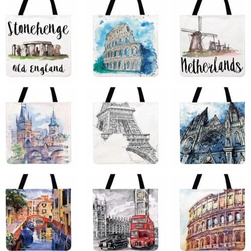 Ladies Shoulder Bag Watercolor Places Paintings Print Tote Bag For Women Casual Tote Linen Febric Shopping Bag Outdoor Beach Bag