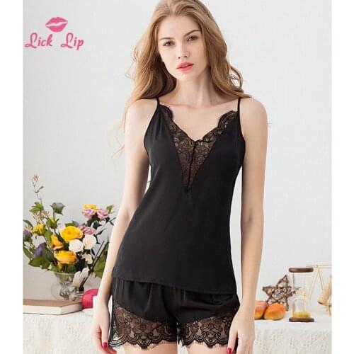 Lick Lip Black Deep V Collar Silk Femme Pajama Sets Sexy Lace Patchwork Women Sleepwear Backless Top Ladies Nightwear SWC9381-47