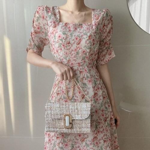 Bella Pink Chiffon Elegant Print Floral Dress Women Summer Sweet Boho Dress Vintage Female Casual Party Holiday Korean Dress