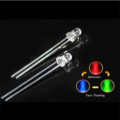 1000pcs 3mm Transparent RGB Slow Flash/ Fast Flash Round Light Emitting Diode LED Blinking Multicolor Flicker Diode short legs