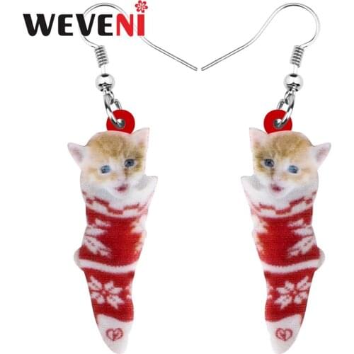 WEVENI Acrylic Christmas Sock Short Hair Cat Kitten Earrings Drop Dangle Animal Jewelry For Women Girls Teens Party Charms Gift