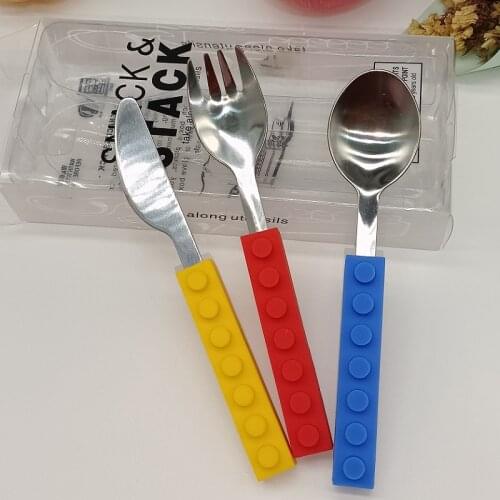 Blockware Set for Children Western Cutlery Set Knife Fork Spoon 3pcs/set Stainless Steel Dinner Tableware Set Silicone Handle
