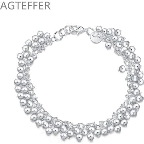 AGTEFFER 925 Sterling Silver Smooth Grape Beads Ball Bracelet For Women Wedding Engagement Party Jewelry