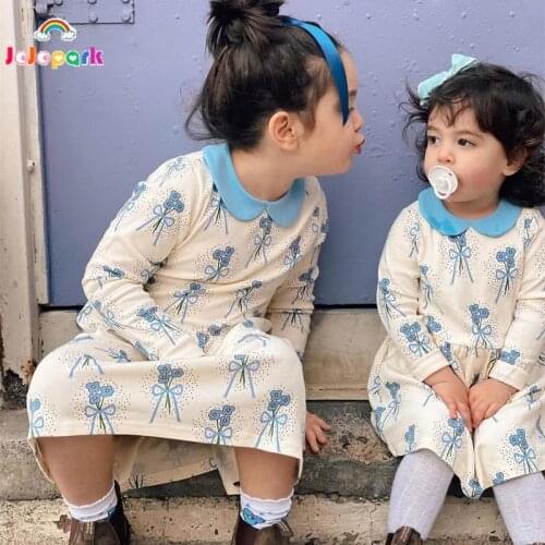 New Print Kids Dresses Long Sleeve Childrens Autumn Clothing Cartoon Bouquet Bowknot Printed Girl Dress for Girls